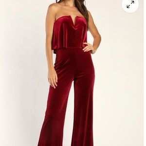 Power of Love Wine Red Velvet Strapless Jumpsuit in size small